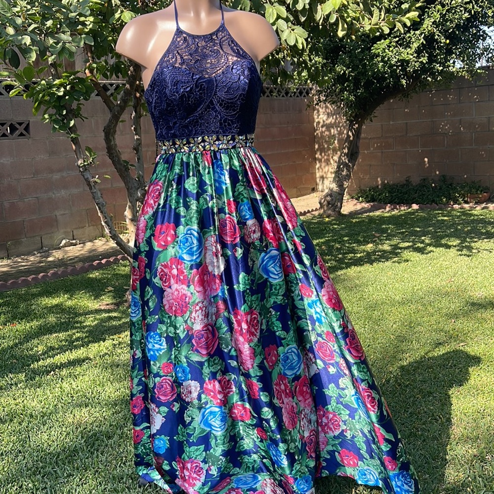 MASQUERADE Navy Lace Halter FLORAL Long Evening Dress size SMALL